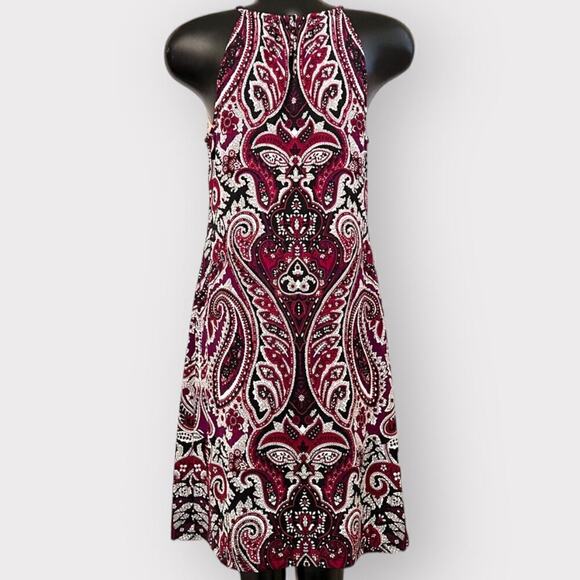 INC Womens Jewel Neck Mini Shift Dress with Bling sz M Black Burgundy Paisley - Picture 2 of 7